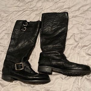 Women’s Jimmy Choo moto boots. Black leather. Black fur lined.